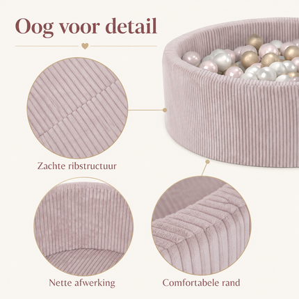Luxe Ronde Ballenbak 90x30 cm met 200 Ballen – Roze Corduroy Ballenbad voor Baby & Peuter – Trendmix Educatief Speelplezier