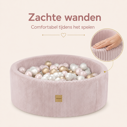 Luxe Ronde Ballenbak 90x30 cm met 200 Ballen – Roze Corduroy Ballenbad voor Baby & Peuter – Trendmix Educatief Speelplezier