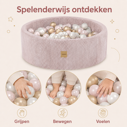 Luxe Ronde Ballenbak 90x30 cm met 200 Ballen – Roze Corduroy Ballenbad voor Baby & Peuter – Trendmix Educatief Speelplezier
