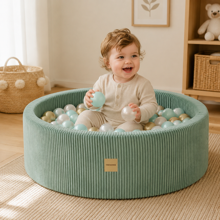Luxe Ronde Ballenbak 90x30 cm met 200 Ballen – Groen Corduroy Ballenbad voor Baby & Peuter – Trendmix Educatief Speelplezier