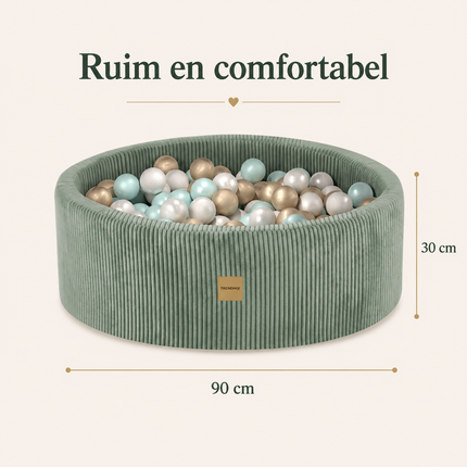 Luxe Ronde Ballenbak 90x30 cm met 200 Ballen – Groen Corduroy Ballenbad voor Baby & Peuter – Trendmix Educatief Speelplezier