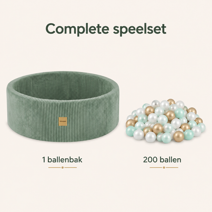 Luxe Ronde Ballenbak 90x30 cm met 200 Ballen – Groen Corduroy Ballenbad voor Baby & Peuter – Trendmix Educatief Speelplezier