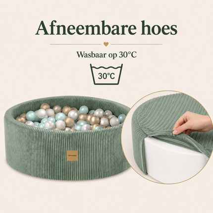 Luxe Ronde Ballenbak 90x30 cm met 200 Ballen – Groen Corduroy Ballenbad voor Baby & Peuter – Trendmix Educatief Speelplezier