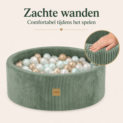 Luxe Ronde Ballenbak 90x30 cm met 200 Ballen – Groen Corduroy Ballenbad voor Baby & Peuter – Trendmix Educatief Speelplezier