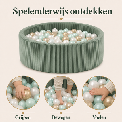 Luxe Ronde Ballenbak 90x30 cm met 200 Ballen – Groen Corduroy Ballenbad voor Baby & Peuter – Trendmix Educatief Speelplezier
