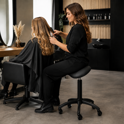 Gabbiano Kapperskruk Zwart – Ergonomische Zadelkruk met Gasveer – Professionele Werkstoel met Wielen