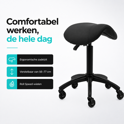 Gabbiano Kapperskruk Zwart – Ergonomische Zadelkruk met Gasveer – Professionele Werkstoel met Wielen