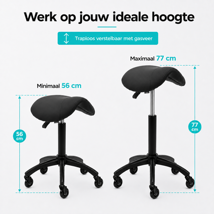Gabbiano Kapperskruk Zwart – Ergonomische Zadelkruk met Gasveer – Professionele Werkstoel met Wielen
