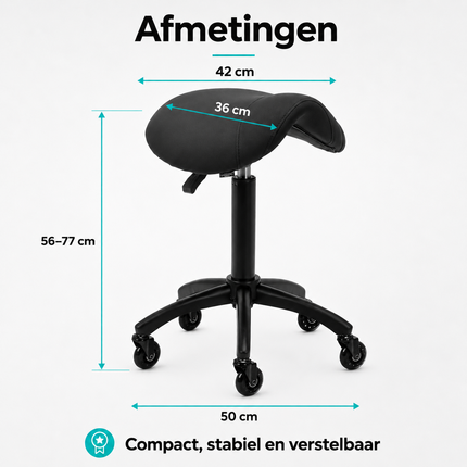 Gabbiano Kapperskruk Zwart – Ergonomische Zadelkruk met Gasveer – Professionele Werkstoel met Wielen