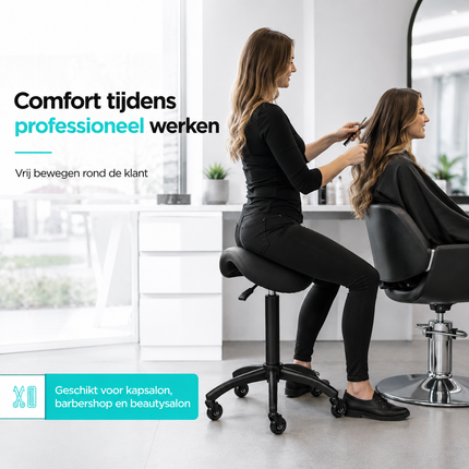 Gabbiano Kapperskruk Zwart – Ergonomische Zadelkruk met Gasveer – Professionele Werkstoel met Wielen