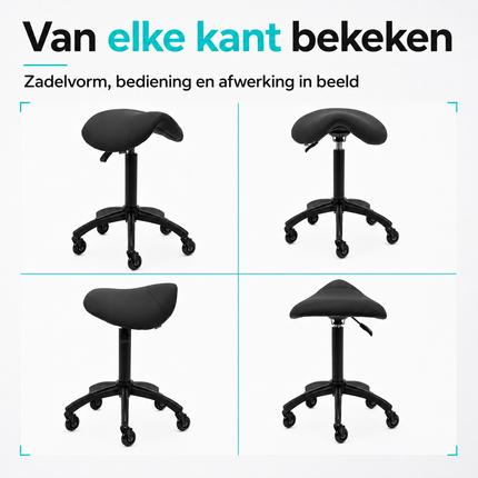 Gabbiano Kapperskruk Zwart – Ergonomische Zadelkruk met Gasveer – Professionele Werkstoel met Wielen