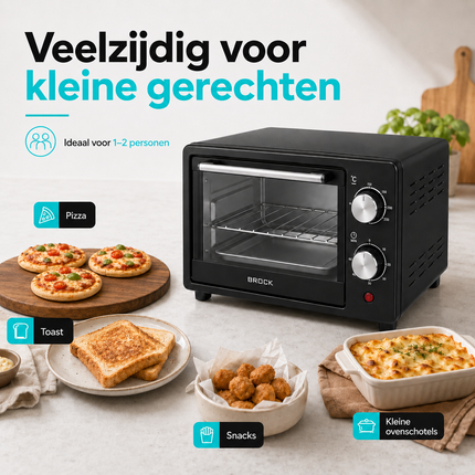 BROCK Elektrische Mini Oven 9L – Vrijstaande Compacte Oven – 650W – 100-230°C – Kleine Bakoven voor Camping of Keuken – Zwart