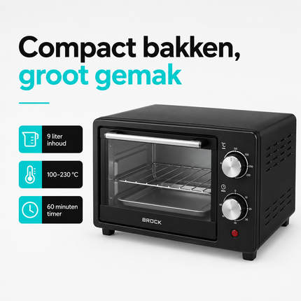 BROCK Elektrische Mini Oven 9L – Vrijstaande Compacte Oven – 650W – 100-230°C – Kleine Bakoven voor Camping of Keuken – Zwart