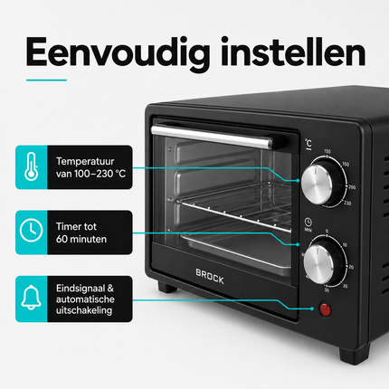 BROCK Elektrische Mini Oven 9L – Vrijstaande Compacte Oven – 650W – 100-230°C – Kleine Bakoven voor Camping of Keuken – Zwart