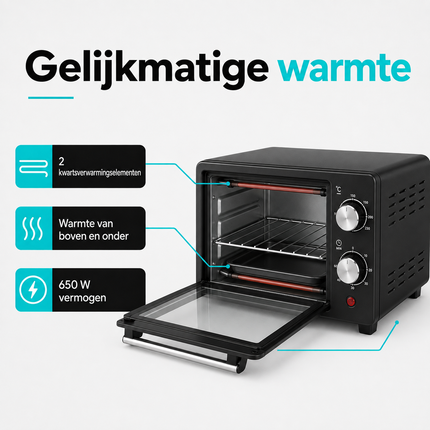 BROCK Elektrische Mini Oven 9L – Vrijstaande Compacte Oven – 650W – 100-230°C – Kleine Bakoven voor Camping of Keuken – Zwart