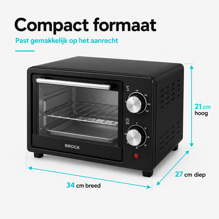 BROCK Elektrische Mini Oven 9L – Vrijstaande Compacte Oven – 650W – 100-230°C – Kleine Bakoven voor Camping of Keuken – Zwart
