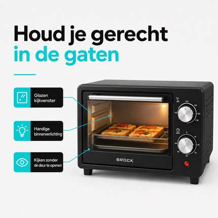 BROCK Elektrische Mini Oven 9L – Vrijstaande Compacte Oven – 650W – 100-230°C – Kleine Bakoven voor Camping of Keuken – Zwart