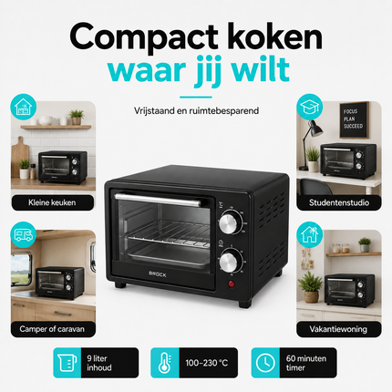 BROCK Elektrische Mini Oven 9L – Vrijstaande Compacte Oven – 650W – 100-230°C – Kleine Bakoven voor Camping of Keuken – Zwart