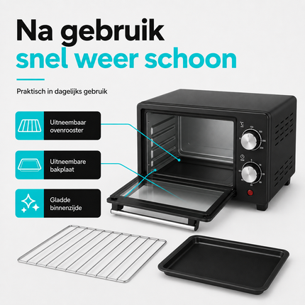 BROCK Elektrische Mini Oven 9L – Vrijstaande Compacte Oven – 650W – 100-230°C – Kleine Bakoven voor Camping of Keuken – Zwart