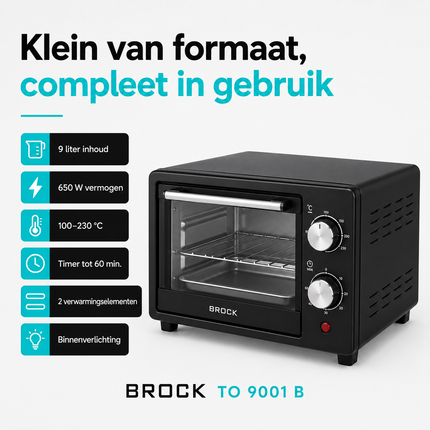 BROCK Elektrische Mini Oven 9L – Vrijstaande Compacte Oven – 650W – 100-230°C – Kleine Bakoven voor Camping of Keuken – Zwart