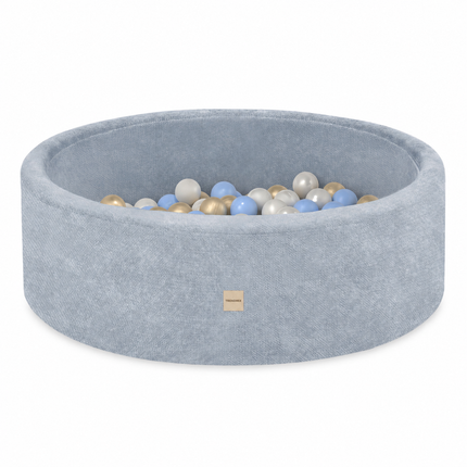 Trendmix Luxe Ronde Ballenbak voor Kinderen en Baby's – Ballenbad 90x30 cm – Blauw Premium Chenille – 200 Kleurrijke Ballen 6 cm Parel, Blauw & Goud