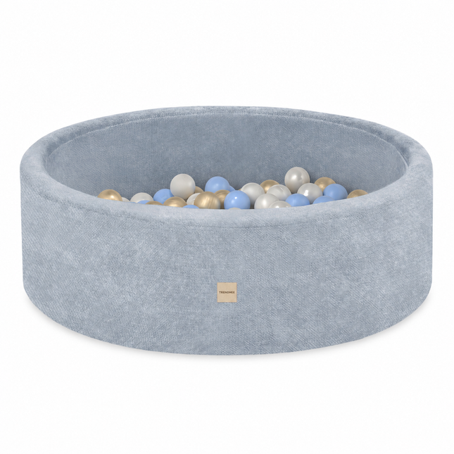 Trendmix Luxe Ronde Ballenbak voor Kinderen en Baby's – Ballenbad 90x30 cm – Blauw Premium Chenille – 200 Kleurrijke Ballen 6 cm Parel, Blauw & Goud