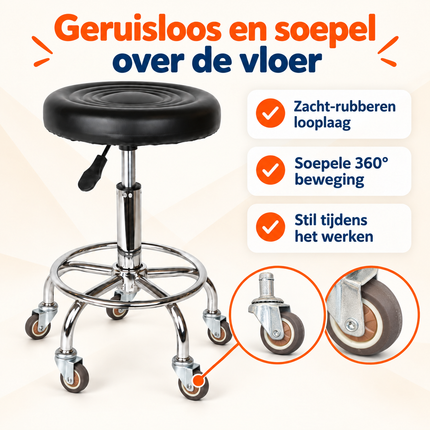 Trendmix Kapperskruk op Wielen – Ergonomische Zadelkruk met Voetsteun – In Hoogte Verstelbaar – Rubberen Wielen & Zwart PU-Ecoleer