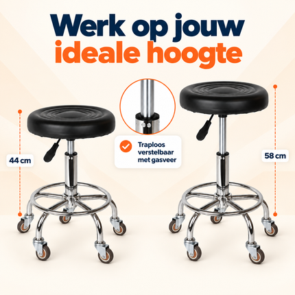 Trendmix Kapperskruk op Wielen – Ergonomische Zadelkruk met Voetsteun – In Hoogte Verstelbaar – Rubberen Wielen & Zwart PU-Ecoleer