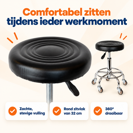 Trendmix Kapperskruk op Wielen – Ergonomische Zadelkruk met Voetsteun – In Hoogte Verstelbaar – Rubberen Wielen & Zwart PU-Ecoleer