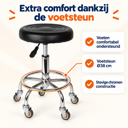 Trendmix Kapperskruk op Wielen – Ergonomische Zadelkruk met Voetsteun – In Hoogte Verstelbaar – Rubberen Wielen & Zwart PU-Ecoleer