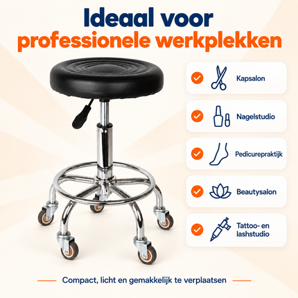 Trendmix Kapperskruk op Wielen – Ergonomische Zadelkruk met Voetsteun – In Hoogte Verstelbaar – Rubberen Wielen & Zwart PU-Ecoleer