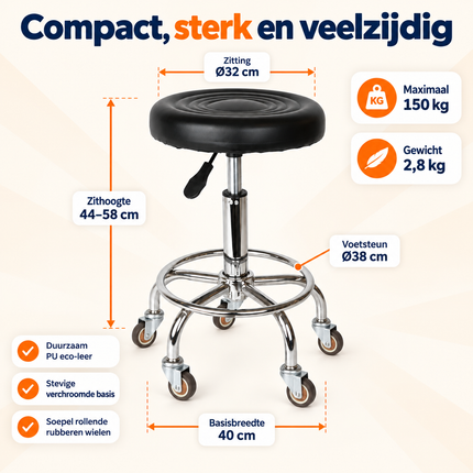 Trendmix Kapperskruk op Wielen – Ergonomische Zadelkruk met Voetsteun – In Hoogte Verstelbaar – Rubberen Wielen & Zwart PU-Ecoleer