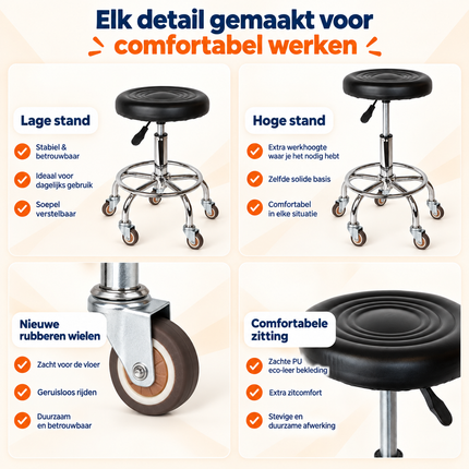 Trendmix Kapperskruk op Wielen – Ergonomische Zadelkruk met Voetsteun – In Hoogte Verstelbaar – Rubberen Wielen & Zwart PU-Ecoleer