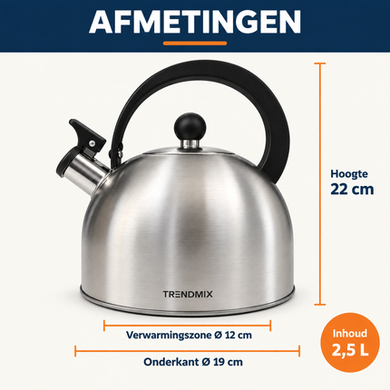Trendmix Fluitketel geborsteld RVS 2,5 Liter – Lichtgewicht – Cool-Touch Handvat – Geschikt Voor Inductie, Gas En Alle Warmtebronnen