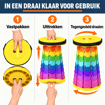 Trendmix Opvouwbare Kruk Verstelbaar & Lichtgewicht – Regenboog Telescopische Kruk Voor Festival, Concert, Camping & Reizen