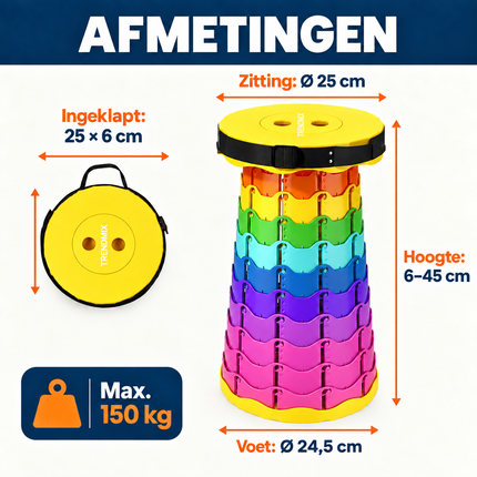 Trendmix Opvouwbare Kruk Verstelbaar & Lichtgewicht – Regenboog Telescopische Kruk Voor Festival, Concert, Camping & Reizen