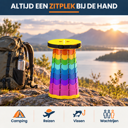 Trendmix Opvouwbare Kruk Verstelbaar & Lichtgewicht – Regenboog Telescopische Kruk Voor Festival, Concert, Camping & Reizen