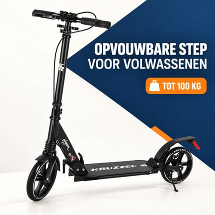 Kruzzel Hyperion Step Volwassenen – Opvouwbare Step met Grote Wielen, Vering & Schijfrem – Zwart