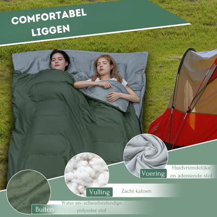 Trendmix Dubbele Slaapzak 2-in-1 – Waterdicht – Inclusief 2 Kussens & Draagtas – 220x150 cm – Groen / Grijs – Voor Kamperen & Outdoor
