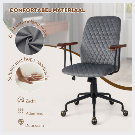 Trendmix Fluwelen Bureaustoel Grijs – Ergonomisch Verstelbaar – Kantelbare Rugleuning – 150 kg Draagvermogen – Retro Design met Koperen Wielen