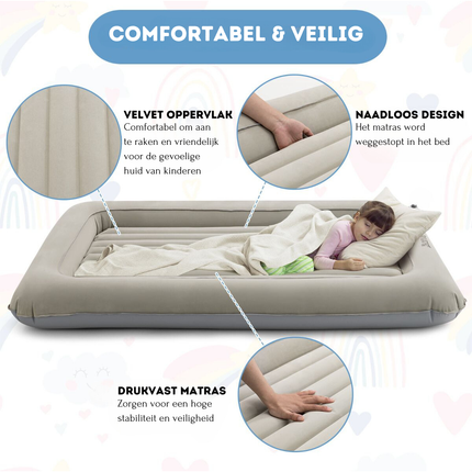 Honeyjoy 2-in-1 Opblaasbaar Peuterreisbed & Speelplek – Luchtbed met Ballenbakfunctie – Grijs – 165x118x20 cm – Incl. Pomp