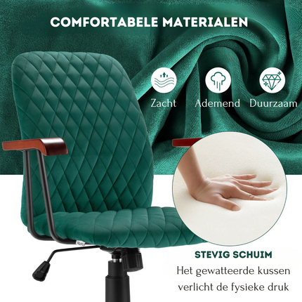 Trendmix Fluwelen Bureaustoel Groen – Ergonomisch – Verstelbare Zithoogte – Kantelbare Rug – Draaibaar – 150 kg Draagvermogen – Retro Thuiskantoorstoel