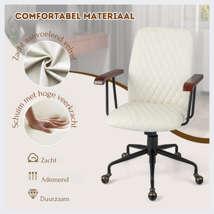 Trendmix Fluwelen Bureaustoel Beige – Ergonomisch Verstelbaar – Kantelbare Rugleuning – 150 kg Draagvermogen – Draaistoel voor Thuiswerk & Kantoor