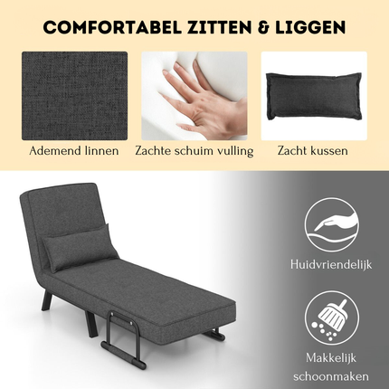 Trendmix 4-in-1 Slaapstoel Donkergrijs – Inklapbare Slaapbank – Verstelbare Rugleuning – Slaapfauteuil 1 Persoon – Tot 150 kg Draagvermogen