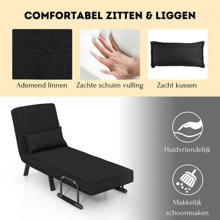 Trendmix 4-in-1 Slaapstoel Zwart – Inklapbare Slaapbank – Verstelbare Rugleuning – Slaapfauteuil 1 Persoon – Tot 150 kg Draagvermogen