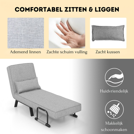 Trendmix 4-in-1 Slaapstoel Lichtgrijs – Inklapbare Slaapbank – Verstelbare Rugleuning – Slaapfauteuil 1 Persoon – Tot 150 kg Draagvermogen