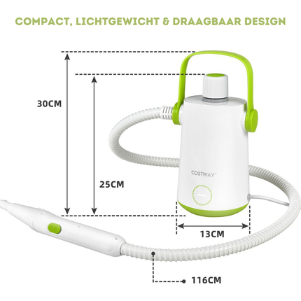 Costway Handstoomreiniger 1000W – Groen/Wit – 300 ml – 12 min Stoom – 10-delige Accessoireset – Voor Tapijt, Ramen & Bekleding