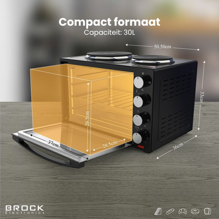 BROCK Elektrische Mini Oven 30L met 2 Kookplaten – Combi Convectieoven & Grill – 1600W – Vrijstaande Compacte Oven voor Keuken of Camping – Zwart
