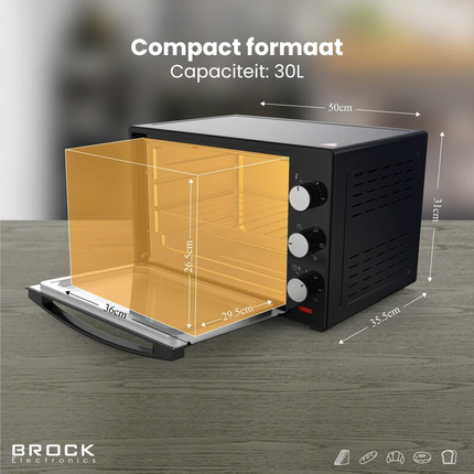 BROCK Elektrische Mini Oven 30L – Vrijstaande Convectie Oven met Grill – 1600W – Compacte Bakoven – Zwart