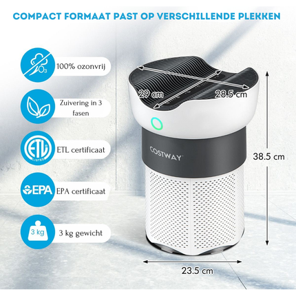 Costway Luchtreiniger HEPA H13 – Voor 121 m² – Luchtkwaliteitsindicator – Slaapmodus – Timer – Stil & Krachtig – Wit/Grijs
